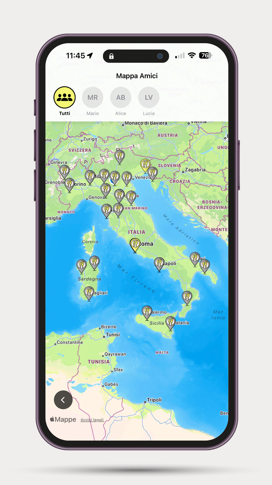 App Fideat mappa condivisa ristoranti amici - Screenshot con pin colorati